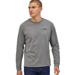 Patagonia Men's Long Sleeved P-6 Logo Responsibili-Tee - Gravel Heather -Outdoor Apparel SS23 Patagonia LSP6ResponsibiliTee GLH 01
