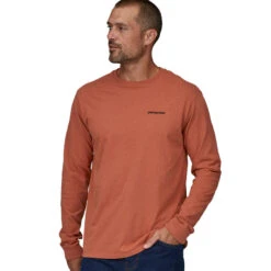 Patagonia Men's Long Sleeved P-6 Logo Responsibili-Tee - Quartz Coral -Outdoor Apparel SS23 Patagonia LSP6Tee QZCO 04