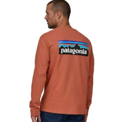 Patagonia Men's Long Sleeved P-6 Logo Responsibili-Tee - Quartz Coral -Outdoor Apparel SS23 Patagonia LSP6Tee QZCO 05